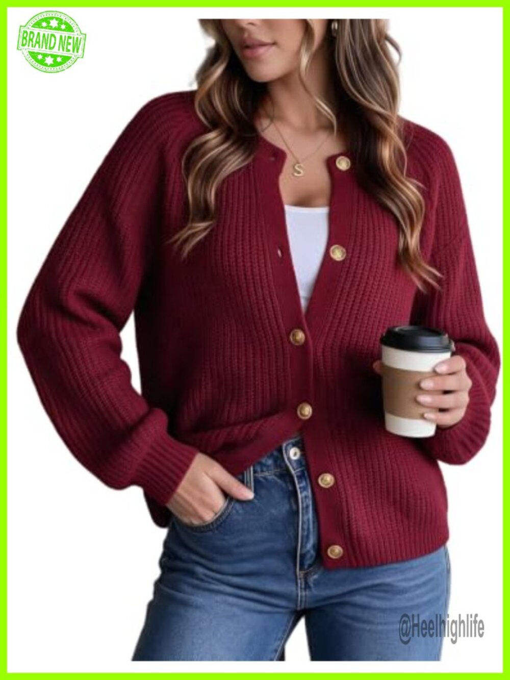 Chunky Knit Lantern Sleeve Cardigan Fitted Sweater for Women